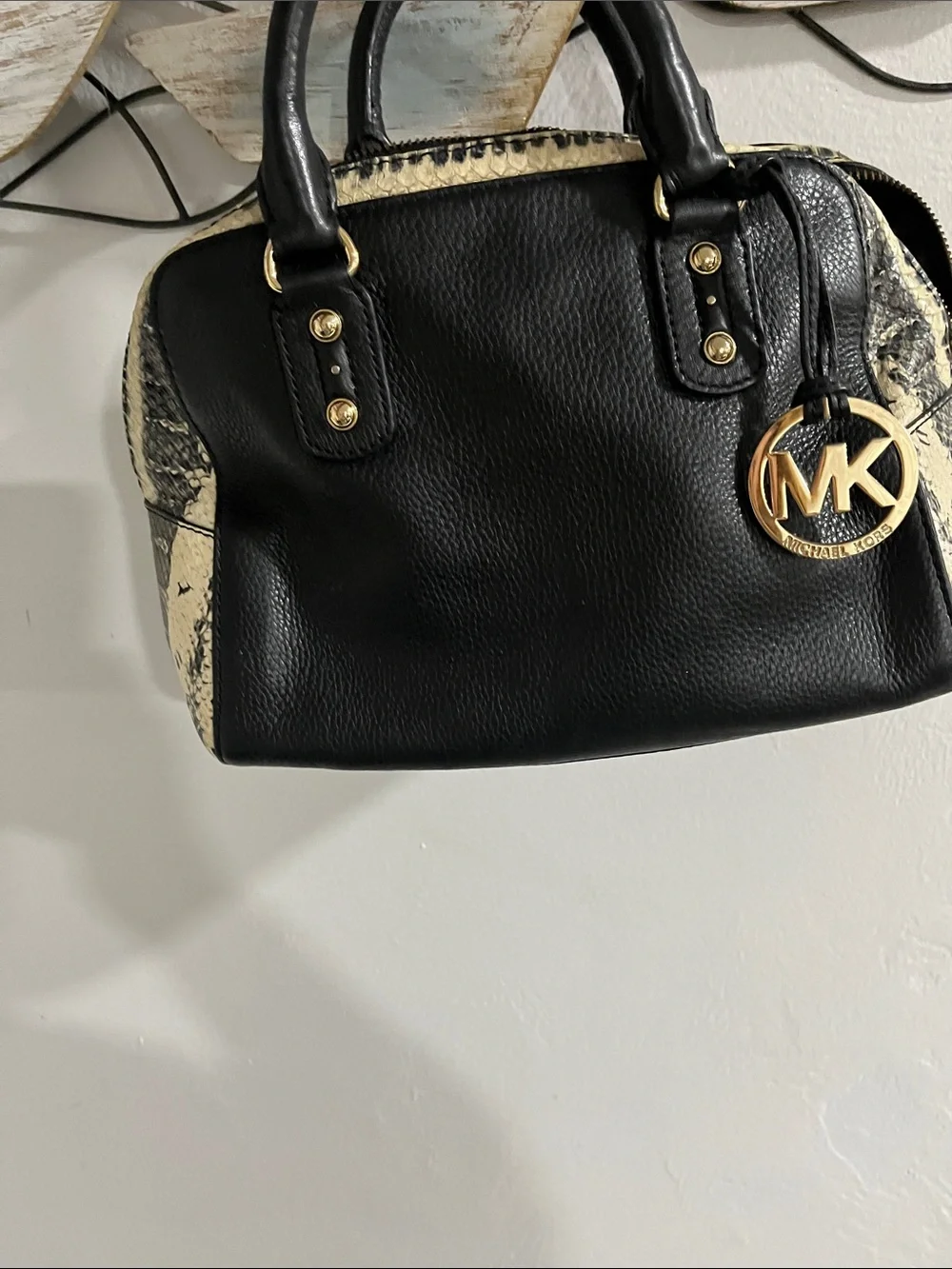 Michael Kors Black Satchel with Cream Snake-Print Panels